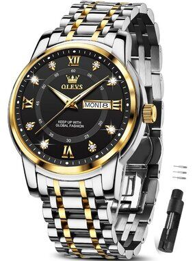 Mens Silver Black Face Stainless Luminous Quartz Waterproof Dimond Classic Watch